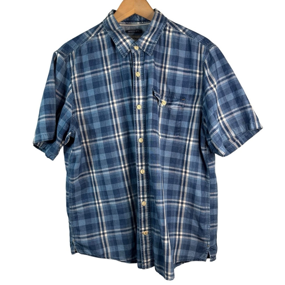 Fat Face UK Blue Plaid Indigo Dye Short Sleeve Button Up Shirt Size XL Pocket